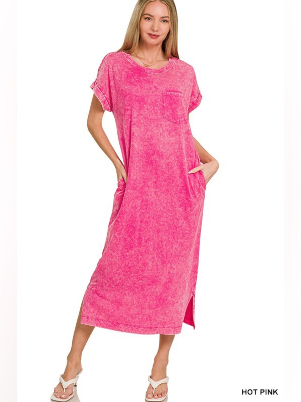NWT Zenana Hot Pink Soft Mineral-Wash Midi Dress